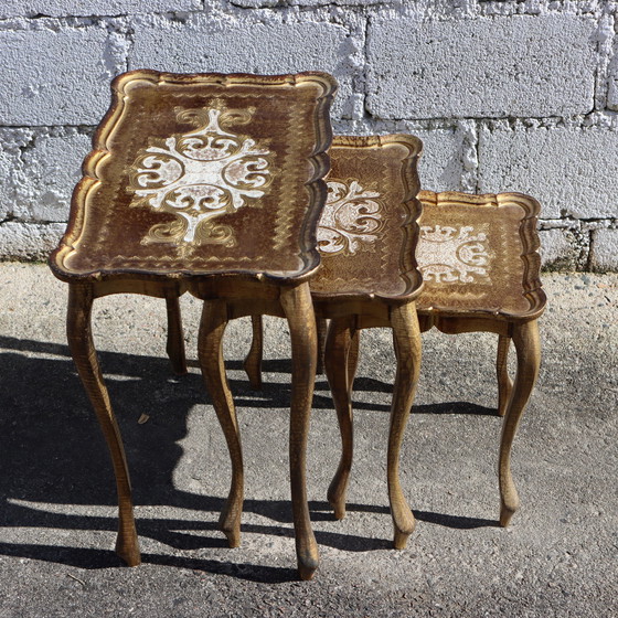 Image 1 of French Vintage Set of 3 Florentine Nesting Tables - Handpainted Golden Side Tables-End Tables-70s