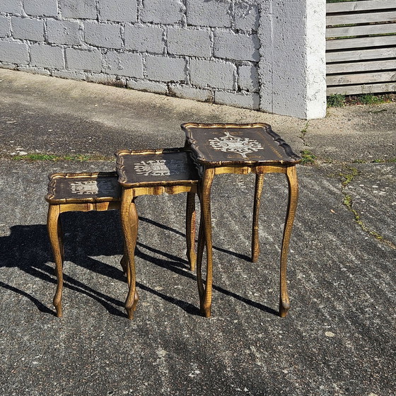 Image 1 of French Vintage Set of 3 Florentine Nesting Tables - Handpainted Golden Side Tables-End Tables-70s