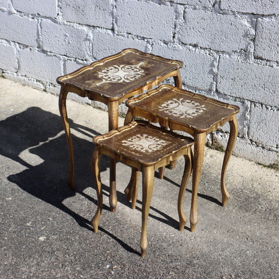 Image 1 of French Vintage Set of 3 Florentine Nesting Tables - Handpainted Golden Side Tables-End Tables-70s