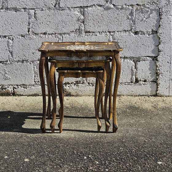 Image 1 of French Vintage Set of 3 Florentine Nesting Tables - Handpainted Golden Side Tables-End Tables-70s