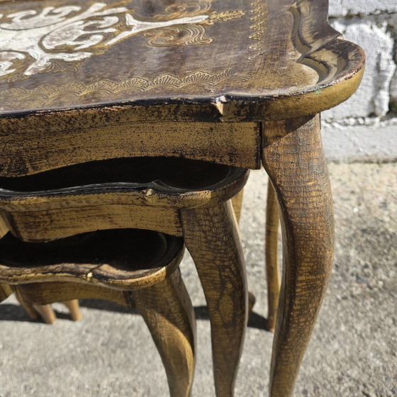 Image 1 of French Vintage Set of 3 Florentine Nesting Tables - Handpainted Golden Side Tables-End Tables-70s