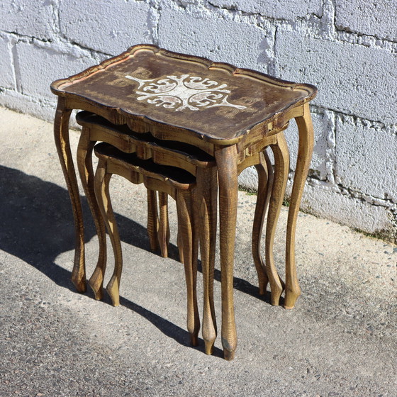 Image 1 of French Vintage Set of 3 Florentine Nesting Tables - Handpainted Golden Side Tables-End Tables-70s
