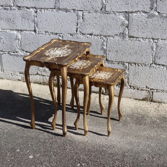 Image 1 of French Vintage Set of 3 Florentine Nesting Tables - Handpainted Golden Side Tables-End Tables-70s