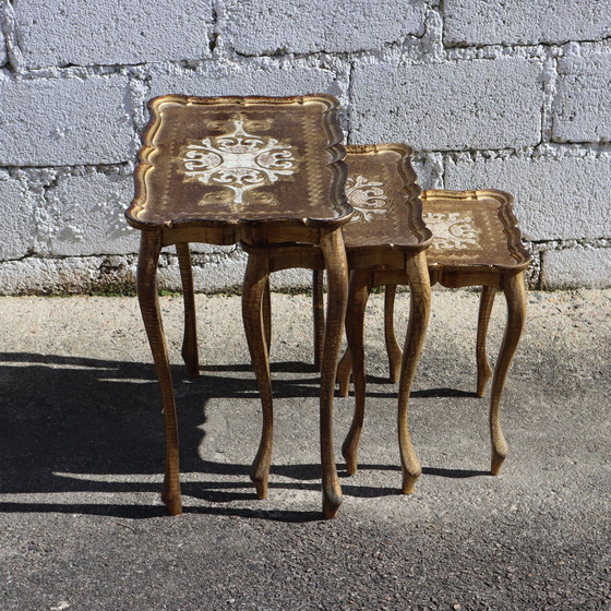 Image 1 of French Vintage Set of 3 Florentine Nesting Tables - Handpainted Golden Side Tables-End Tables-70s