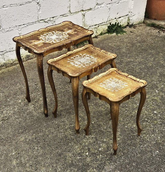 Image 1 of French Vintage Set of 3 Florentine Nesting Tables - Handpainted Golden Side Tables-End Tables-70s
