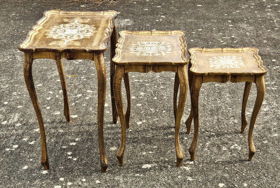 Image 1 of French Vintage Set of 3 Florentine Nesting Tables - Handpainted Golden Side Tables-End Tables-70s