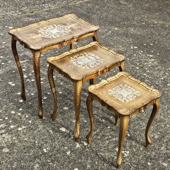 Image 1 of French Vintage Set of 3 Florentine Nesting Tables - Handpainted Golden Side Tables-End Tables-70s