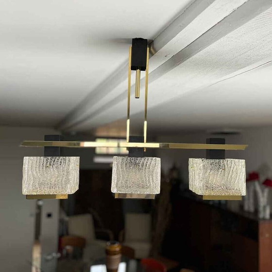 Image 1 of Lampadario vintage in ottone, metallo e vetro per Arlus, anni '60