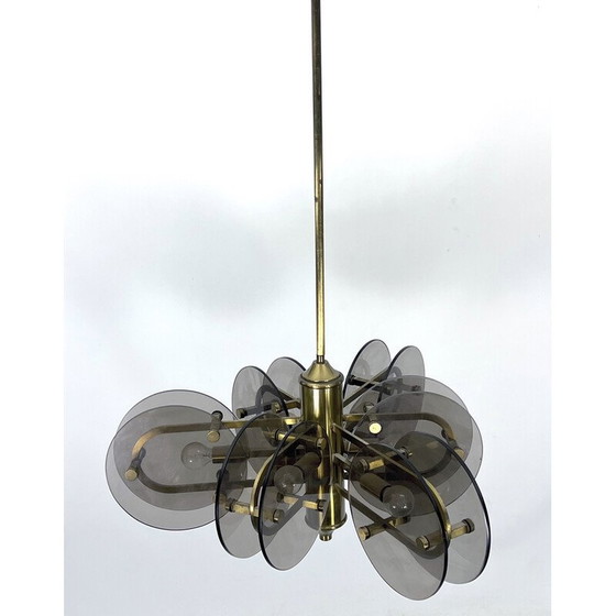 Image 1 of Vintage brass and glass chandelier for Gino Paroldo, Italy 1970
