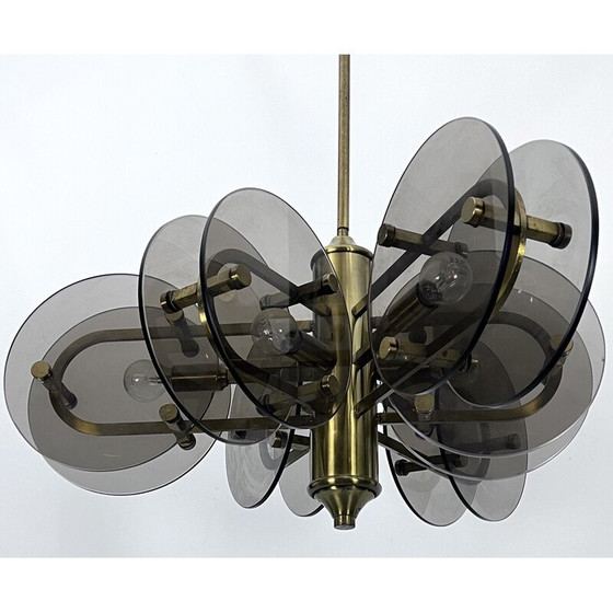 Image 1 of Vintage brass and glass chandelier for Gino Paroldo, Italy 1970