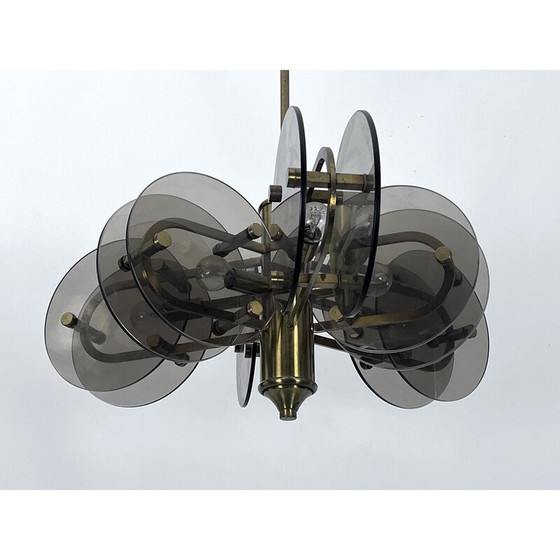 Image 1 of Vintage brass and glass chandelier for Gino Paroldo, Italy 1970