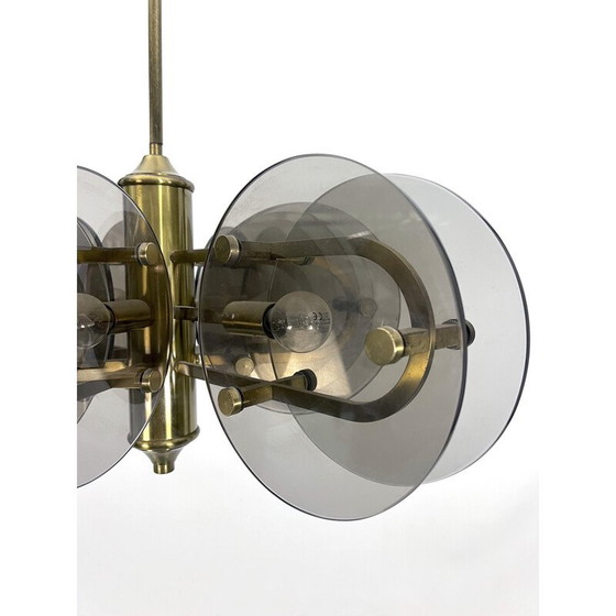Image 1 of Vintage brass and glass chandelier for Gino Paroldo, Italy 1970