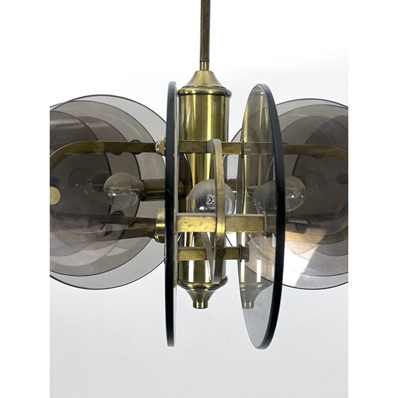 Image 1 of Vintage brass and glass chandelier for Gino Paroldo, Italy 1970