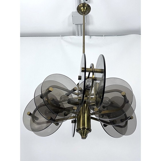 Image 1 of Vintage brass and glass chandelier for Gino Paroldo, Italy 1970
