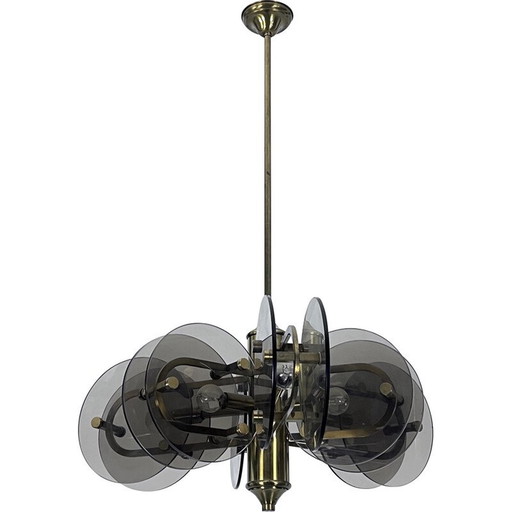 Vintage brass and glass chandelier for Gino Paroldo, Italy 1970