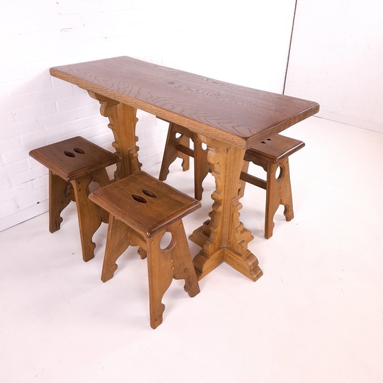 Image 1 of Vintage Bar Table + 4 Stools Oak