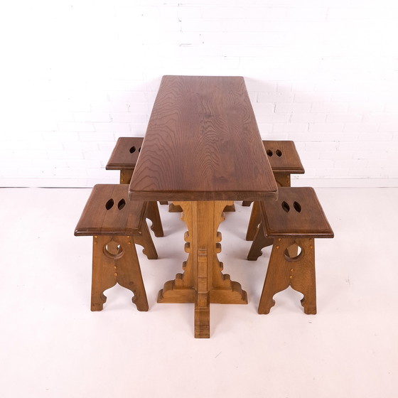 Image 1 of Vintage Bar Table + 4 Stools Oak