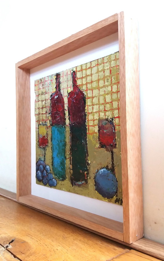 Image 1 of Bottles With Plums On A Stripped Background