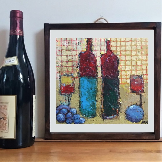 Image 1 of Bottles With Plums On A Stripped Background