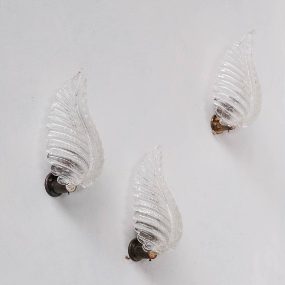 Image 1 of Set of 3 vintage Murano glass and brass wall lamps, Italy 1960s