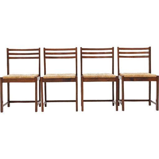 Set of 4 vintage chairs in solid wood and woven straw, Italy 1970