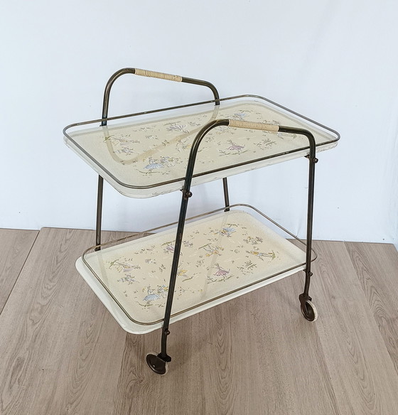 Image 1 of  Fifties Serving Cart With Ceramic Trays Drawers From Grunstadt Keramik No. 665