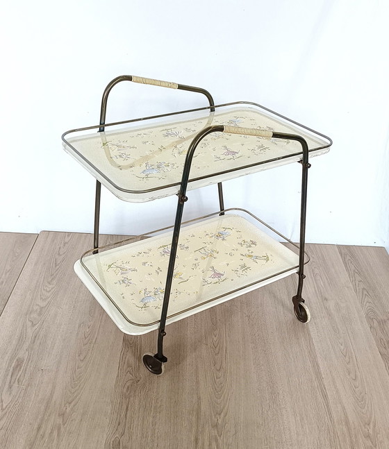 Image 1 of  Fifties Serving Cart With Ceramic Trays Drawers From Grunstadt Keramik No. 665