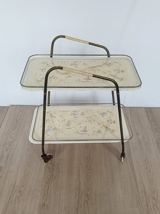 Image 1 of  Fifties Serving Cart With Ceramic Trays Drawers From Grunstadt Keramik No. 665