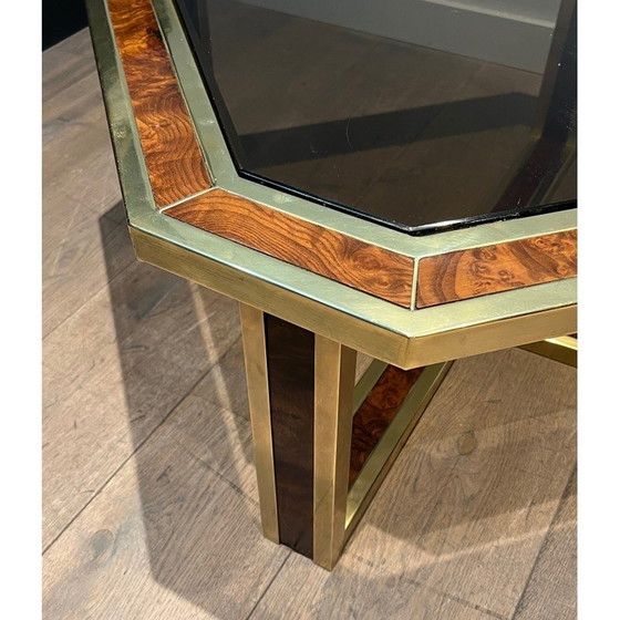 Image 1 of Vintage octagonal burr walnut and brass coffee table, 1970