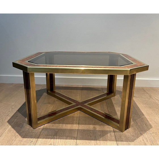 Image 1 of Vintage octagonal burr walnut and brass coffee table, 1970
