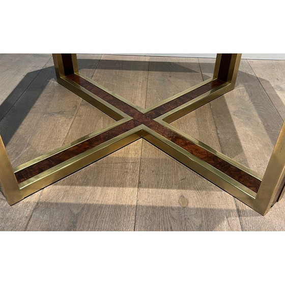 Image 1 of Vintage octagonal burr walnut and brass coffee table, 1970