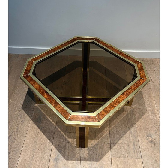 Image 1 of Vintage octagonal burr walnut and brass coffee table, 1970