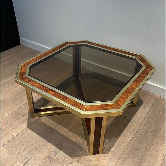 Image 1 of Vintage octagonal burr walnut and brass coffee table, 1970