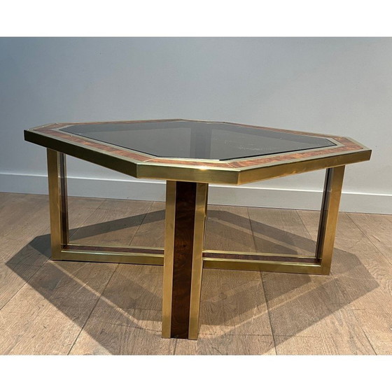 Image 1 of Vintage octagonal burr walnut and brass coffee table, 1970