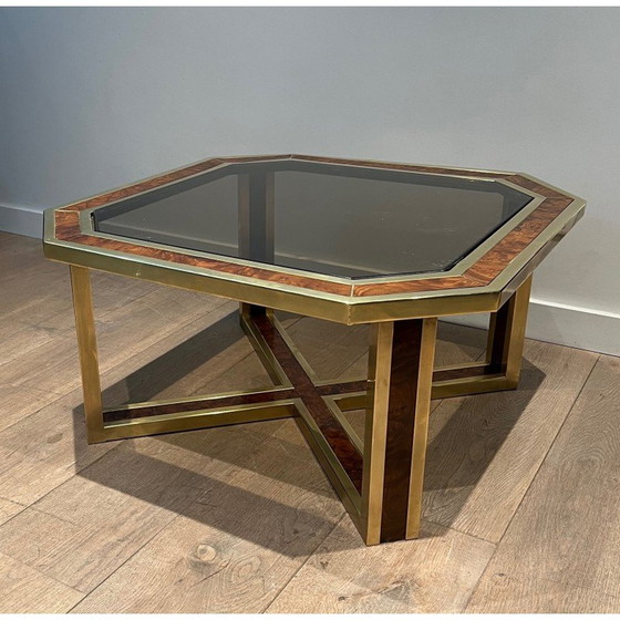 Image 1 of Vintage octagonal burr walnut and brass coffee table, 1970