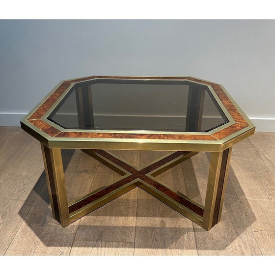 Image 1 of Vintage octagonal burr walnut and brass coffee table, 1970