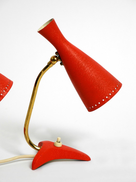 Image 1 of Pair Of Beautiful Red Mid Century Modern Diabolo Crow'S Foot Table Lamps From Cosack