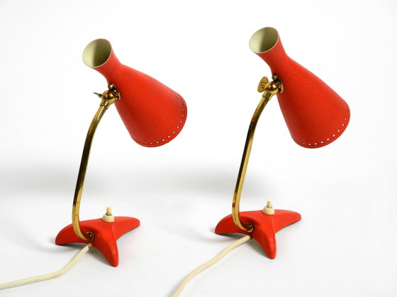 Image 1 of Pair Of Beautiful Red Mid Century Modern Diabolo Crow'S Foot Table Lamps From Cosack