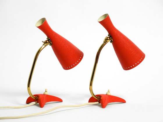 Image 1 of Pair Of Beautiful Red Mid Century Modern Diabolo Crow'S Foot Table Lamps From Cosack