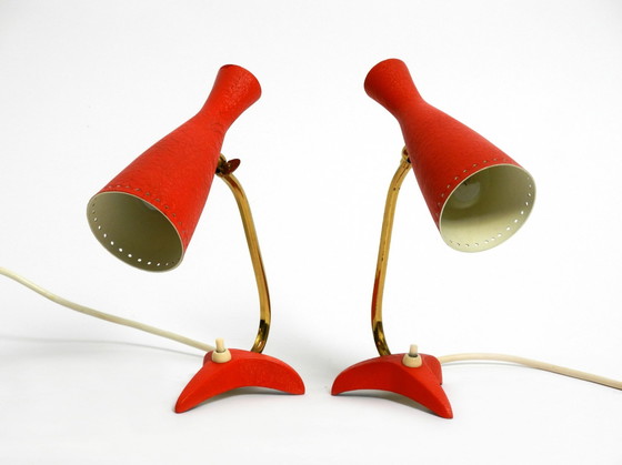 Image 1 of Pair Of Beautiful Red Mid Century Modern Diabolo Crow'S Foot Table Lamps From Cosack