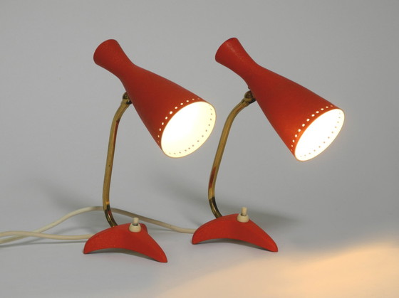 Image 1 of Pair Of Beautiful Red Mid Century Modern Diabolo Crow'S Foot Table Lamps From Cosack