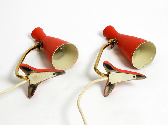 Image 1 of Pair Of Beautiful Red Mid Century Modern Diabolo Crow'S Foot Table Lamps From Cosack