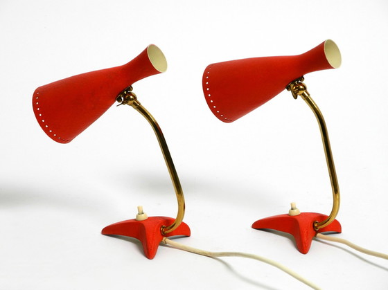 Image 1 of Pair Of Beautiful Red Mid Century Modern Diabolo Crow'S Foot Table Lamps From Cosack