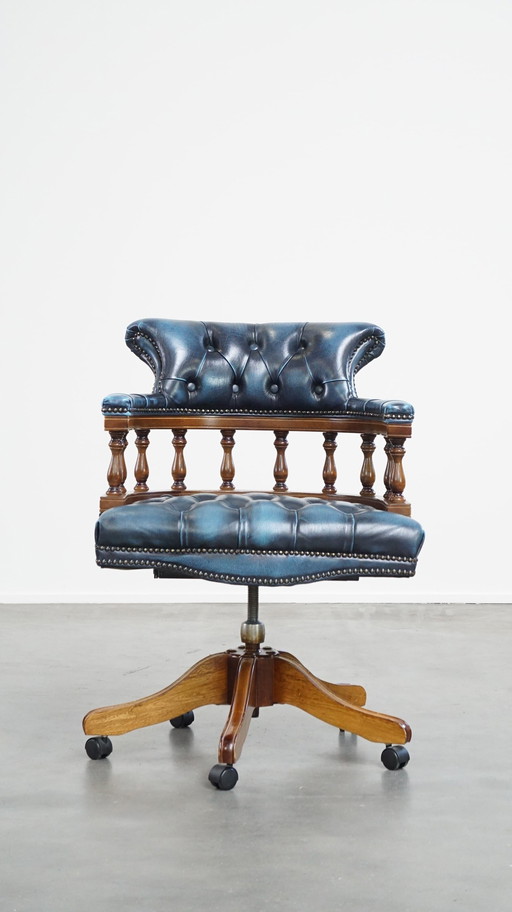 Blue Cowhide Leather Chesterfield Office Chair