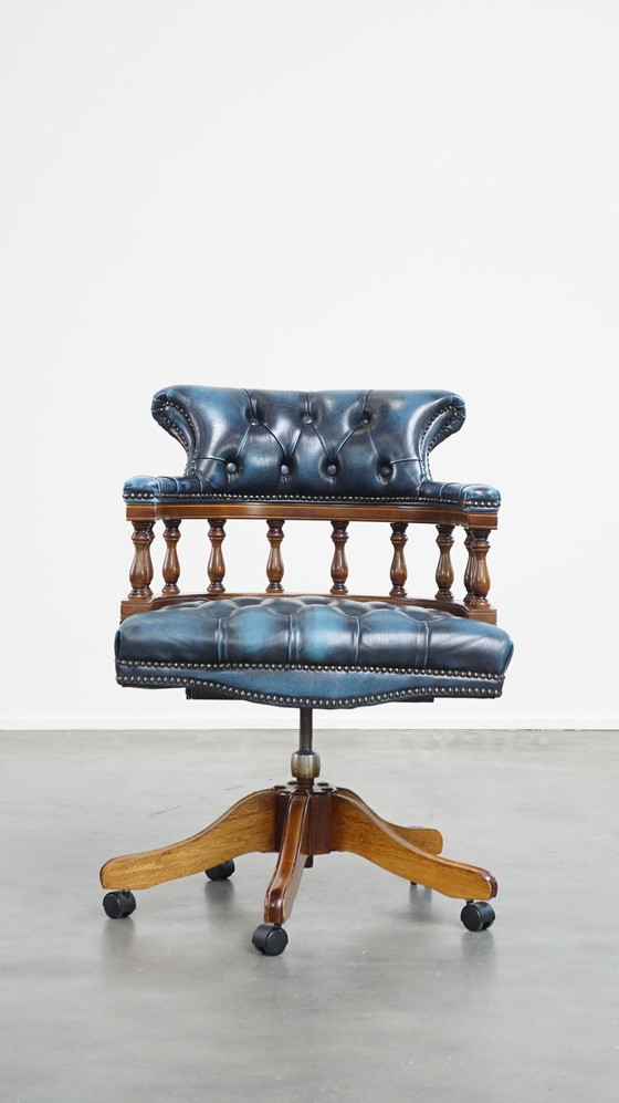 Image 1 of Blue Cowhide Leather Chesterfield Office Chair