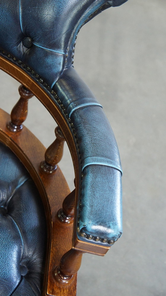 Image 1 of Blue Cowhide Leather Chesterfield Office Chair