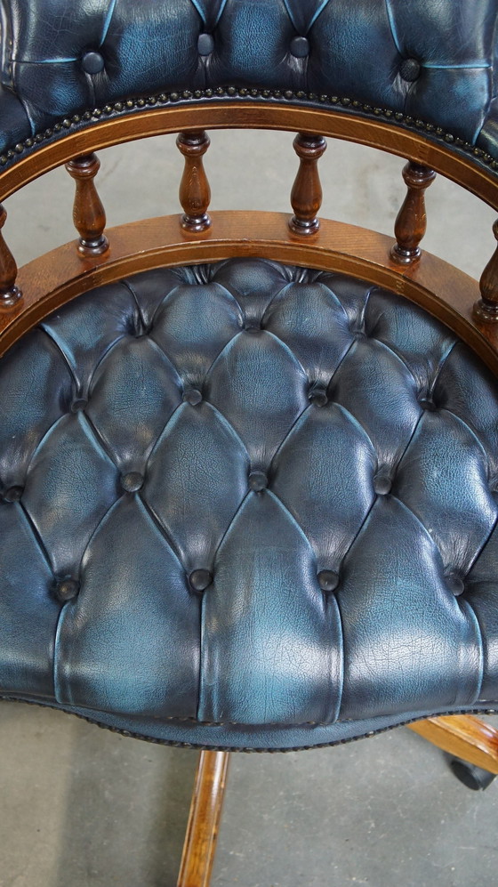 Image 1 of Blue Cowhide Leather Chesterfield Office Chair