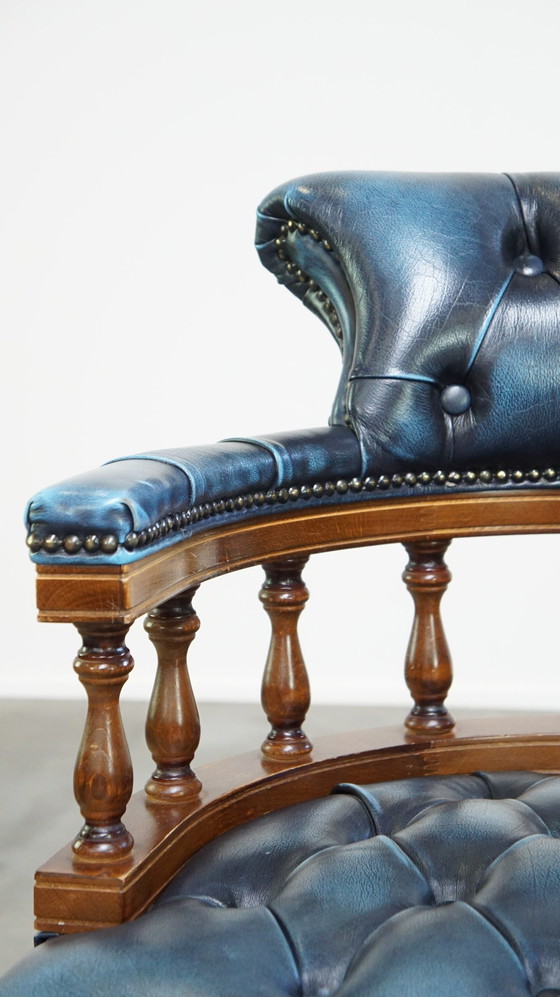 Image 1 of Blue Cowhide Leather Chesterfield Office Chair