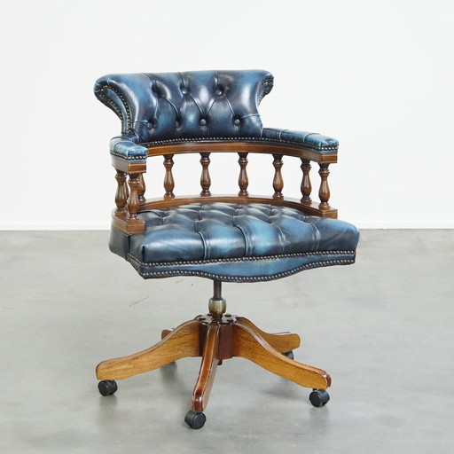 Blue Cowhide Leather Chesterfield Office Chair