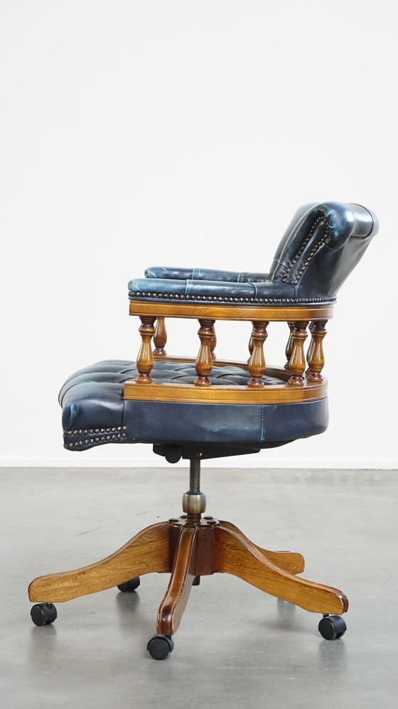 Image 1 of Blue Cowhide Leather Chesterfield Office Chair